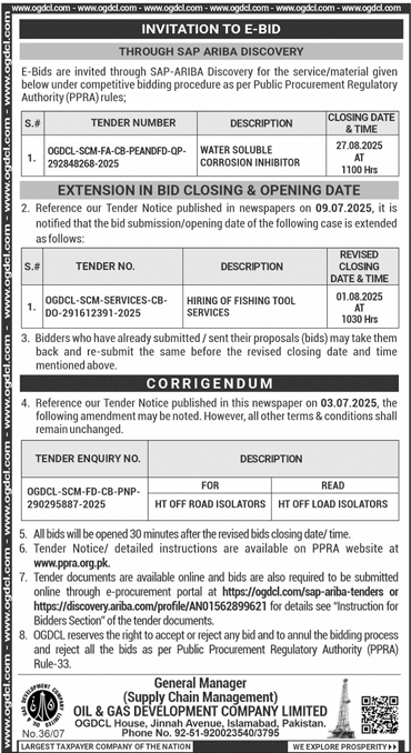 Oil & Gas Development Company Limited Islamabad Tender Notice